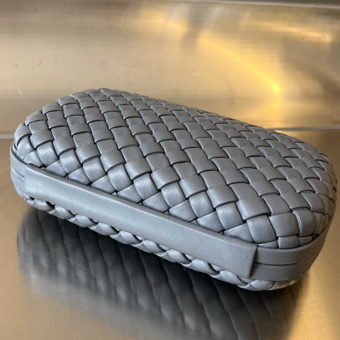 Knot Padded Intreccio Leather Clutch Dark Grey